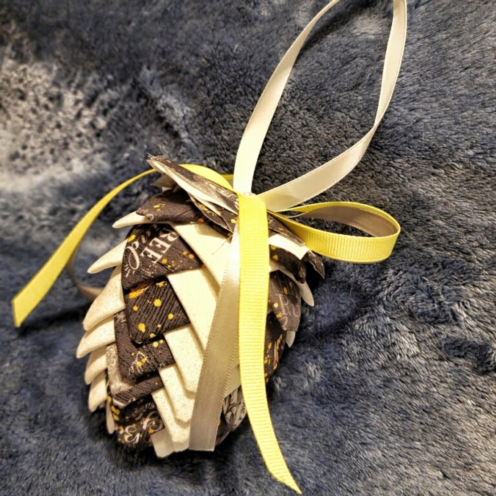 Handmade Fabric Pinecone Ornament with Yellow Ribbon